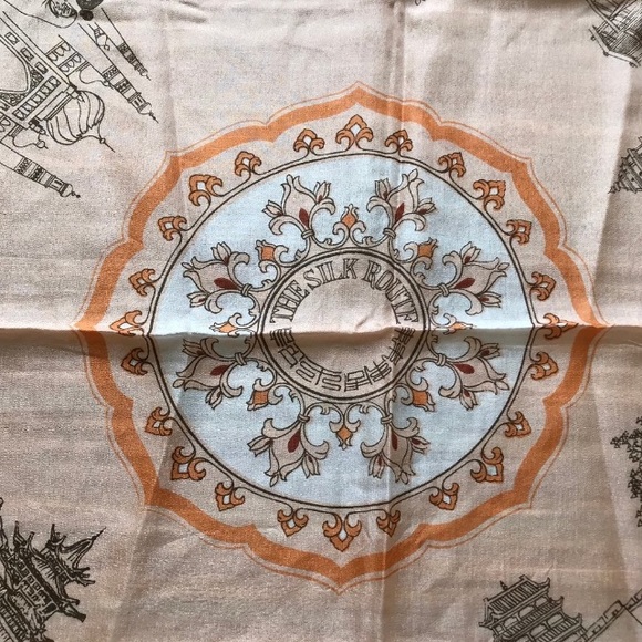 SILK ROAD MAP Orange Red and Cream Scarf 💯 % Silk - Picture 3 of 5